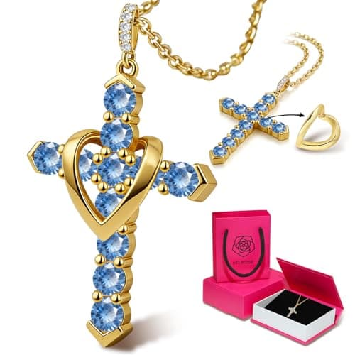 Helirose Heart Cross Necklace for Women, 18K Gold Plated CZ Faith Pendant, Anti-Tarnish Hypoallergenic Jewelry, 20" Adjustable Chain, Ideal for Birthday, Anniversary, Mother's Day, Everyday Wear (Blue-Gold) - Image 1