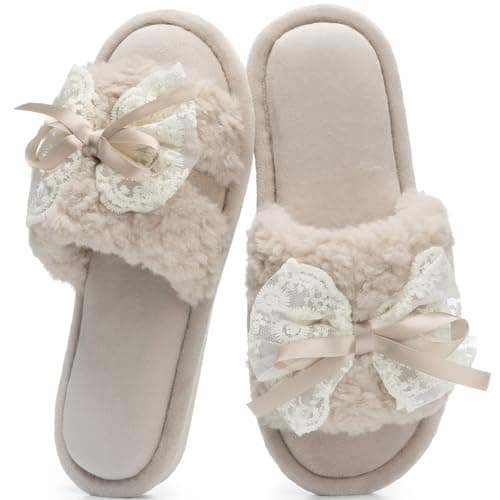 GOEWY Women's Open Toe Memory Foam Slippers - Cute Fuzzy House Shoes with Lace Bow, Soft Plush Slides for Indoor Comfort, Cozy Non-Slip Gift Gifts for Women Mom Ladies - Image 1