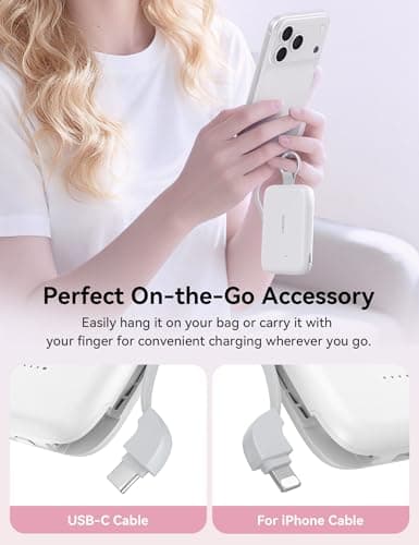 RORRY Portable Charger, 10000mAh PD 30W Fast Charging Portable Charger Power Bank with Built-in Cables, Travel Keychain Charger Battery Pack for iPhone 17/16/15/14/13/12, for AirPods 2/3/4/Pro, White - Thumbnail 2