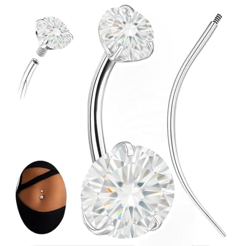 hooppoo Sparkling Moissanite Belly Button Ring, 14G G23 Surgical Grade Titanium with 14K Gold Plated | Internally Threaded & Hypoallergenic for Sensitive Skin | Unisex Body Jewelry (Silver) - Image 1