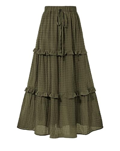 BTFBM Women's Long Summer Skirt 2026 Elegant High Waist Cocktail Party Wedding Guest Dress Flared A-Line Midi Skirts(Army Green,Large) - Image 1