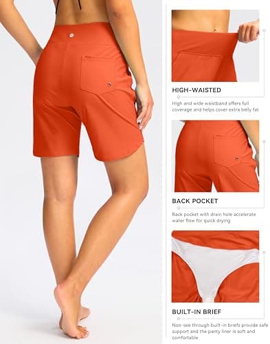 Viodia Women's 7" Swim Board Shorts High Waisted Modest Swimsuit Bathing Suit Beach Swimming Trunks for Women with Pockets Orange - Thumbnail 5