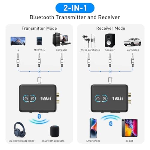 1Mii RCA Bluetooth 5.3 Adapter for TV, 3.5mm AUX Bluetooth Transmitter Receiver for 2 AirPods or Headphones, Home Stereo, Speakers, Projector, Treadmills, PC, with Volume Control, aptX Low Latency - Thumbnail 2