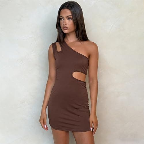 AGVNG Womens Sexy One Shoulder Bodycon Mini Dress Asymmetrical Cut Out Sleeveless Slim Fit Party Club Going Out Short Dresses Brown M - Thumbnail 6