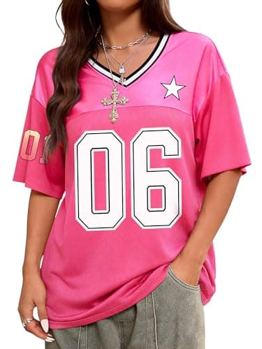 TAKEYAL Oversized Tshirts for Women Graphic Tees V Neck Soccer Jersey Streetwear Summer Y2K Tops X-Large Pink - Image 1