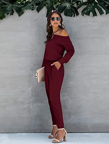 STOLKISS One Shoulder Jumpsuits for Women Dressy Elegant Long Sleeve Pants Jumper One Piece Outfits Rompers with Pockets Red - Thumbnail 4