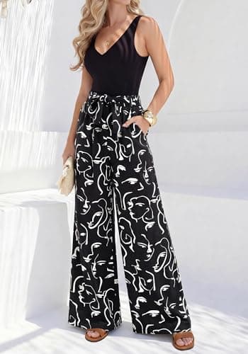 BTFBM Two Piece Sets For Women Summer 2026 Spring Outfits Casual Sleeveless Wide Leg Pants Sets Beach Vacation Clothes(Floral Black White, Large) - Thumbnail 2