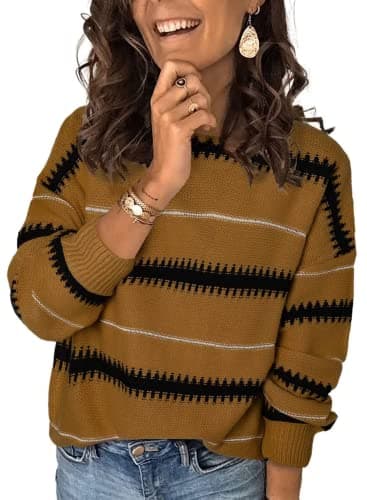 Dokotoo Long Sleeve Crewneck Striped Pullover Sweaters for Women Winter Casual Loose Knit Pullover Sweater Jumper Tops Sky Brown Medium - Image 1