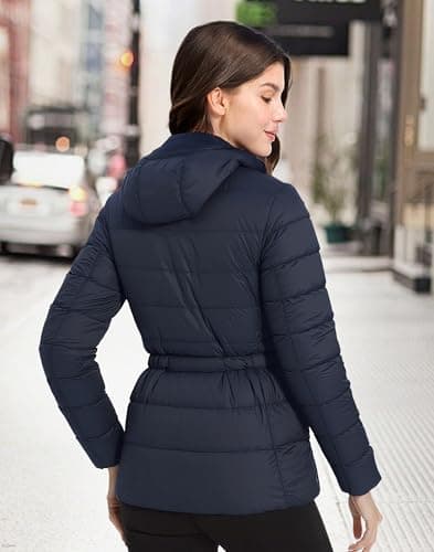 Pioneer Camp Quilted Puffer Jacket for Women Lightweight Water Resistant Hoodies Warm Winter Jacket Filled with Down, Navy, M - Thumbnail 2