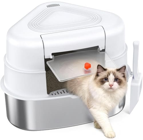 Chumajor XXL Stainless Steel Corner Cat Litter Box with Lid - Sturdy, No Odor & Space-Saving Hidden Design for Large Cats, White - Image 1