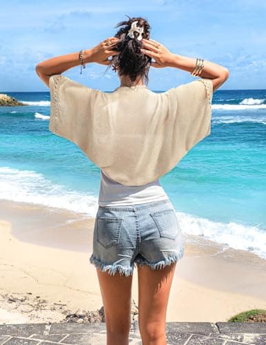 BB&KK Women's 2026 Lightweight Summer Cardigan 3/4 Batwing Sleeve Crochet Shrug Casual Hollowed-Out Knit Cropped Sweater Tops Beige - Thumbnail 3