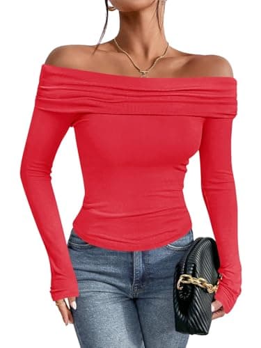 Imily Bela Women's Off The Shoulder Tops Long Sleeve Slim Fitted Y2K Sexy Going Out Nightout Blouse Shirts Red - Image 1