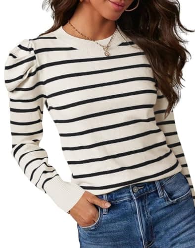 UNCLECAT Women's Striped Sweater Trendy Lightweight Sweaters Puff Long Sleeve Tops Casual Knit Pullover Shirts Beige - Image 1