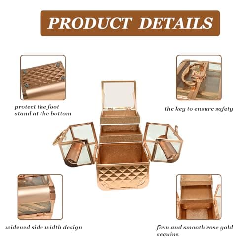 VETALLO Travel Makeup Case Organizer, Protable Cosmetic Case Storage with 2 Trays Mirror,Makeup Train Case Organizer,Make Up Box,Makeup Train Case for Nail Jewellery Vanity Storage Case - Thumbnail 3