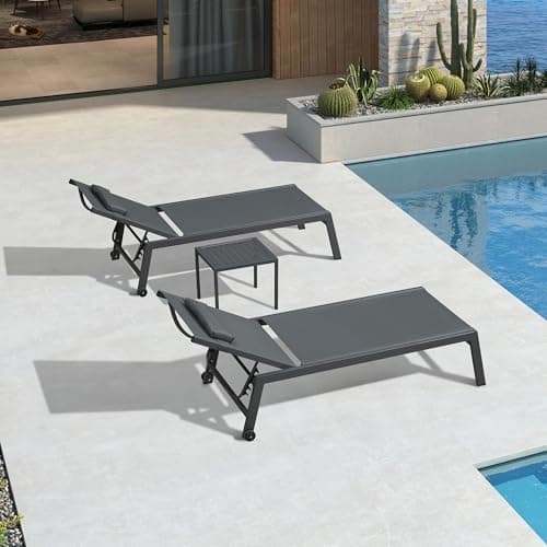 PURPLE LEAF Outdoor Oversized Lounge Chair Set of 3 Patio Chaise Pool Lounger Aluminum Frame with Side Table and Wheels for Outside Sunbathing Tanning Recliner Including Pillows Gray - Image 1