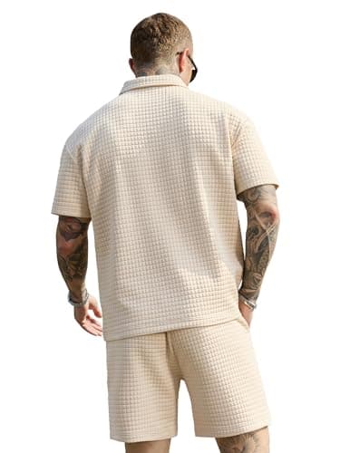 JEMLDL Men's Short Sets 2 Piece Polo Shirt Summer Outfits Casual Fashion Jogging Track Suits Short Sleeve Travel Sweatsuit Light Khaki 3X-Large - Thumbnail 3