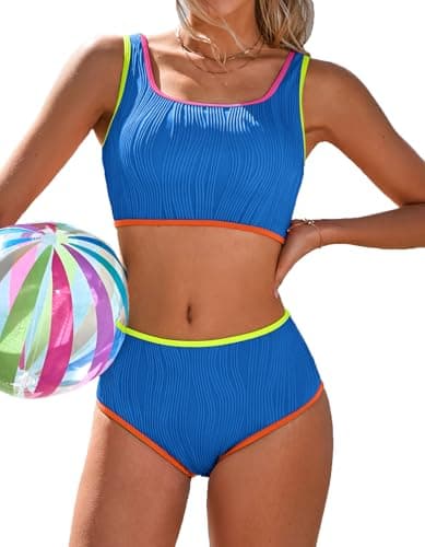 Charmo High Waisted Two Piece Bathing Suit for Women Color Block Bikini Sets Sporty Neon Swimsuits - Image 1