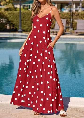 KIRUNDO Boho Maxi Dress for Women Summer Spaghetti Strap V Neck Polka Dot Flowy Long Beach Vacation Sundress with Pockets(Red, Large) - Thumbnail 3