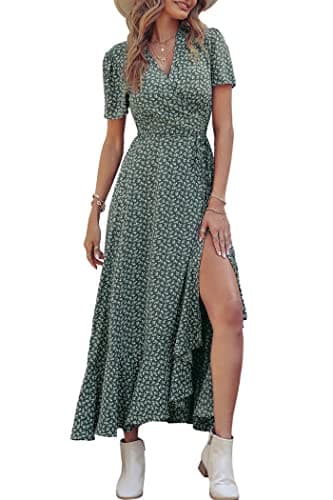 PRETTYGARDEN Women's Summer Wrap Maxi Dress Casual Boho Floral V Neck Short Sleeve Ruffle Hem Split Beach Long Dresses (Dark Green Floral,XX-Large) - Image 1