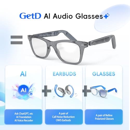 GetD 2026 AI Glasses for Men & Women, Smart Glass Powered by ChatGPT, AI Real-time Translation with 145 Languages, 11H Music Play, Bluetooth Glasses with Anti-Blue Light Lens for Daily Use, Travel - Thumbnail 2
