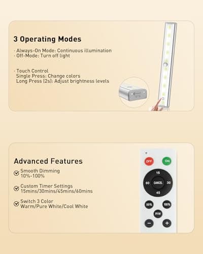 SZOKLED Under Cabinet Lights, 20LED Under Cabinet Lighting Rechargeable, Remote LED Closet Lights Bar, Under Counter Lights for Kitchen Shelf Pantry Shelf Hallway Stairs, 3 Colors 6 Pack - Thumbnail 4