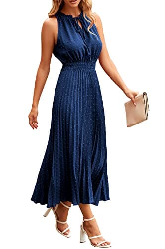 PRETTYGARDEN Women's Midi Summer Dresses Casual V Neck Swiss Dot Ruffle Sleeveless A Line Beach Sun Dress (Navy,X-Large) - Image 1