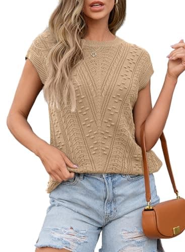 Dokotoo Khaki Sleeveless Knit Pullover Sweater Vest Tank Top Casual Dressy Crew Neck Summer Tops Outfits for Women 2025 Trendy Oversize Sweaters Shirts Spring Clothing Loose Fit Size X-Large - Image 1