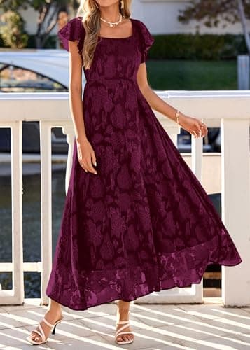 KIRUNDO Cocktail Dresses for Women Elegant Wedding Guest Summer Formal Maxi Lace Floral Slit Prom Party Bridesmaid Dress (Burgundy, Medium) - Thumbnail 2