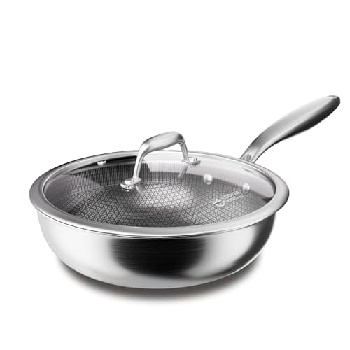 COOKER KING 12-Inch Hybrid Stainless Steel Wok with Lid, Nonstick Stir Fry Pan & Deep Frying Pan, Tri-Ply Clad Honeycomb Everyday Pan, Induction Ready, Oven & Dishwasher Safe, PFOA Free - Image 1