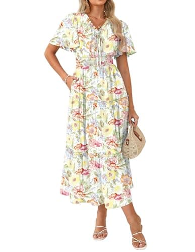 GRACE KARIN Womens Summer Floral Maxi Dresses 2026 Short Sleeve V Neck Dress Casual Flowy Beach Vacation Sundress with Pockets Orange Yellow Floral M - Image 1