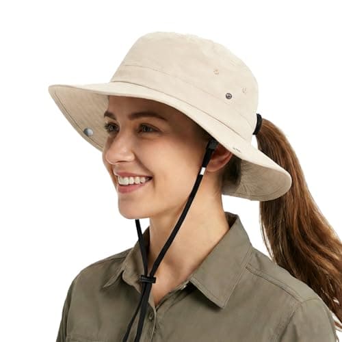 Womens Sun Hat with Hidden Ponytail Opening Wide Brim UPF50+ Waterproof Bucket Rain Hat with Removable Chin Strap for Outdoor Beige - Image 1