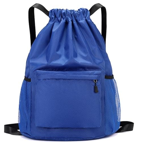 Dntorx Drawstring Backpack, Gym Bag with Water Bottle Pocket, Waterproof String Backpack for Soccer, Basketball, Swim for Women Men (Blue - Image 1