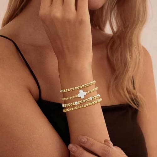 Fohufo Pearl Beaded Cross Bracelets Stack for Women, 14K Gold Plated Layered Religious Jewelry, Dainty Faith Bracelet Gift - Thumbnail 3