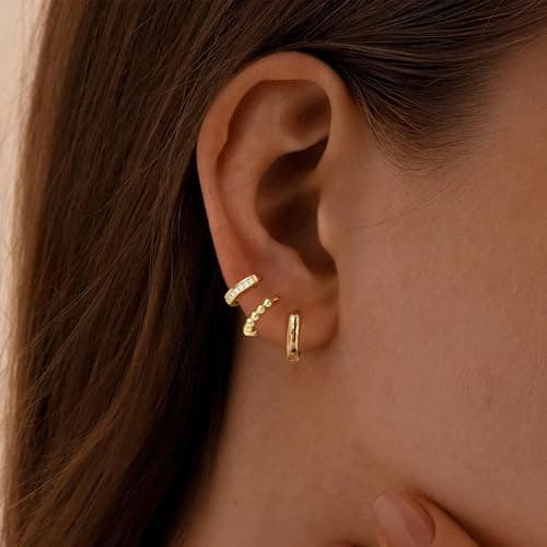 Turandoss Gold Hoop Earrings Set for Women Teen Girls Kids - 14K Gold Plated Beaded Hoops Hypoallergenic Huggie Earrings, Dainty Hoop Earring Set for Multiple Piercing - Thumbnail 2