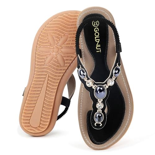 Goldnut Flat Sandals for Women Summer Comfortable T-Strap Rhinestone Dressy Casual Beach Slingback Shoes Black Size 6 - Image 1