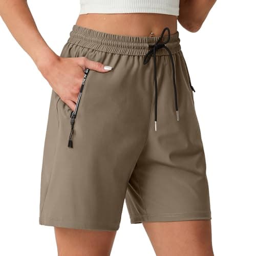 IWOLLENCE Women's Summer Casual Sport Shorts UV Protection Lightweight Quick Dry Golf Soccer 7" Long Shorts with Zipper Pockets Dark Khaki, L - Image 1