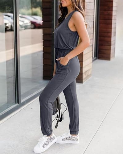 (kirundo 2023 women's summer jumpsuits casual sleeveless jumpsuit drawstring waist long pant romper pajama with pockets(dark grey, small),(Crew Neck,casual,waist) - Thumbnail 6