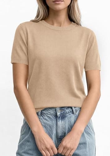 PRETTYGARDEN Women's Short Sleeve Sweaters 2026 Spring Crew Neck Knit Work Shirts Business Casual Tops Summer Fashion Clothes (Beige,Large) - Thumbnail 5