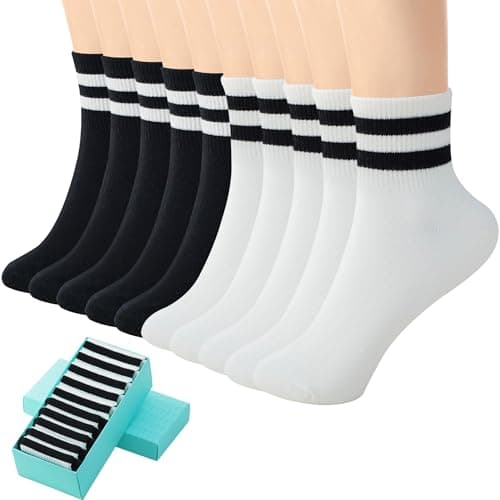 SISOSOCK Quarter Crew Cotton Socks for Women Striped Athletic Casual Breathable Socks 6-10 Pairs with Gifts Box - Image 1