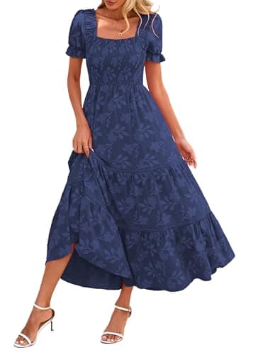 Lazysmile Women's Summer Boho Floral Maxi Dress Short Sleeve Square Neck Smocked Ruffle Elegant Wedding Guest Dress Navy - Image 1