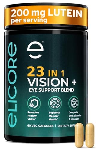 ELICORE Eye Vitamins – 200 mg Lutein and Zeaxanthin Supplement – Clear Vision & Eye Health Support* – Macular Support* – 23 in 1 Complex with Lutein, Zeaxanthin, Vitamins & Minerals – 60 Veg Caps