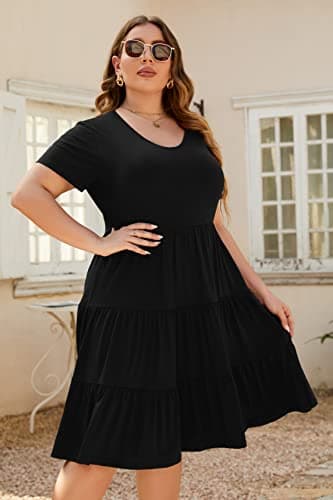 Younrui Plus Size Casual Black Dresses for Women Short Sleeve Scoop Neck Ruffle Babydoll Dress Boho Midi Sundress (3XL-1001-Black) - Thumbnail 5