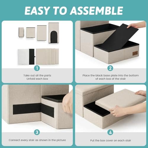 Dog Stairs with Storage, 4-Step Wider Sturdy Dog Steps for Small/Medium/Large Dogs and Older Cats, Doggie Ramp with Condo for Bed/Couch/Car Hold Up to 180 lbs (22.6" H, Beige) - Thumbnail 6