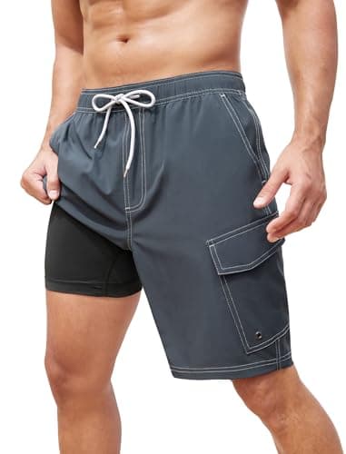 SILKWORLD Swim Trunks for Men Compression Lined Swimming Trunk 9" Bathing Suits Beach Shorts with Cargo Pockets, Charcoal Gray, Small - Image 1