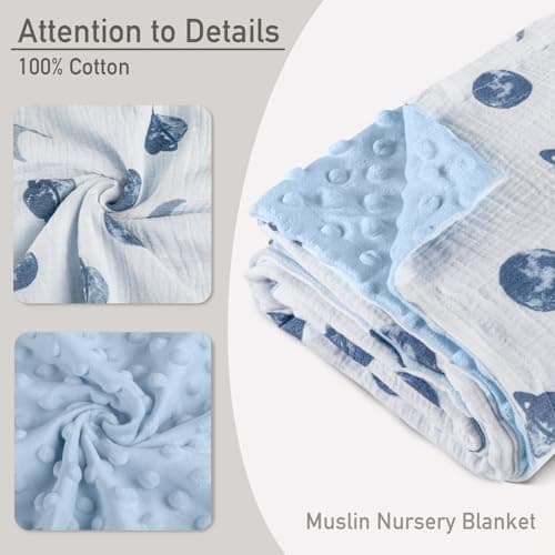 GLLQUEN BABY Blankets for Unisex Boys Girls, 2-Pack Muslin Cotton Front Soft and Breathable, and Dotted Fleece Backing, Printed Bed Nursery Minky Blankets for Toddler Newborn, Space, 30 x 40 inches - Thumbnail 3