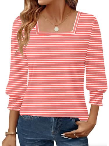 GKBK Womens 3/4 Sleeve Shirts Square Neck Dressy Casual Blouses Spring Summer Smocked Cuffs Tops - Image 1