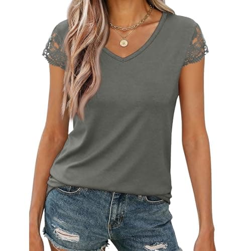 Womens Tops V Neck Short Sleeve T Shirts Womens Summer Tops Casual Soft Basic Lace Tops Spring Summer Tees Clothes 2026 Gray - Thumbnail 2