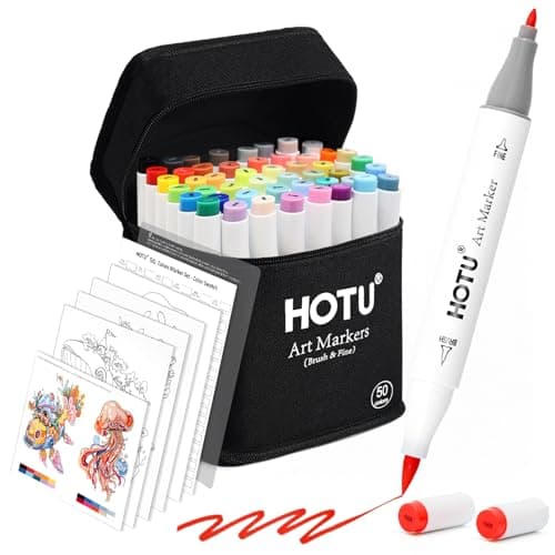 HOTU Alcohol Markers Brush Tip and Fine Tip 50 Colors Dual Tips Art Marker Set with Coloring Cards, Bleed-prevention Pad, Alcohol-based Markers for Adult Coloring Book, Illustration, Design - Image 1