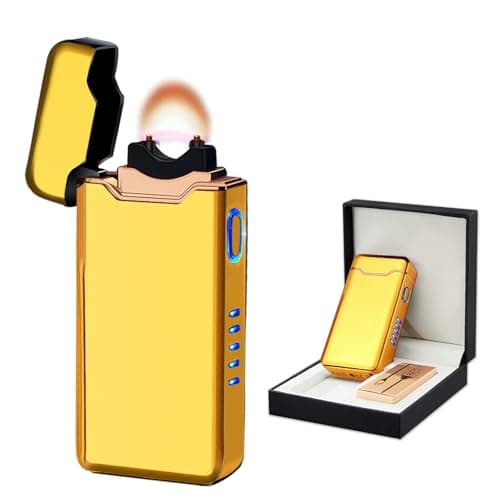 BABOBIU USB Lighter Electric Lighters Rechargeable Arc Lighters with LED Light Power Display Windproof Lighter for Men Boyfriend Husband Candle Incense Stick Outdoor (Glossy Gold) - Image 1