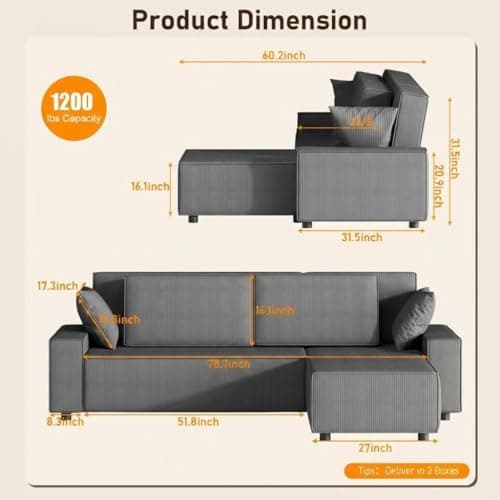 Garvee Fine Corduroy Stripe Large Couch, l Shaped Oversized Sectional Sofa with Deep Seat, Comfy Modular Couch for Living Room, Apartment, 61" d x 96" w x 32" h, Corduroy, Grey - Thumbnail 2